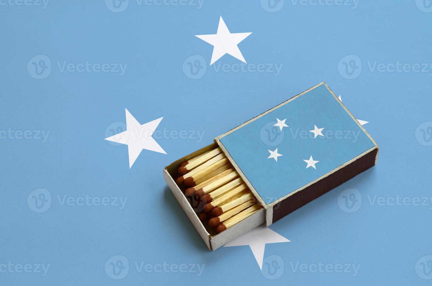 Micronesia flag is shown in an open matchbox, which is filled with matches and lies on a large flag photo