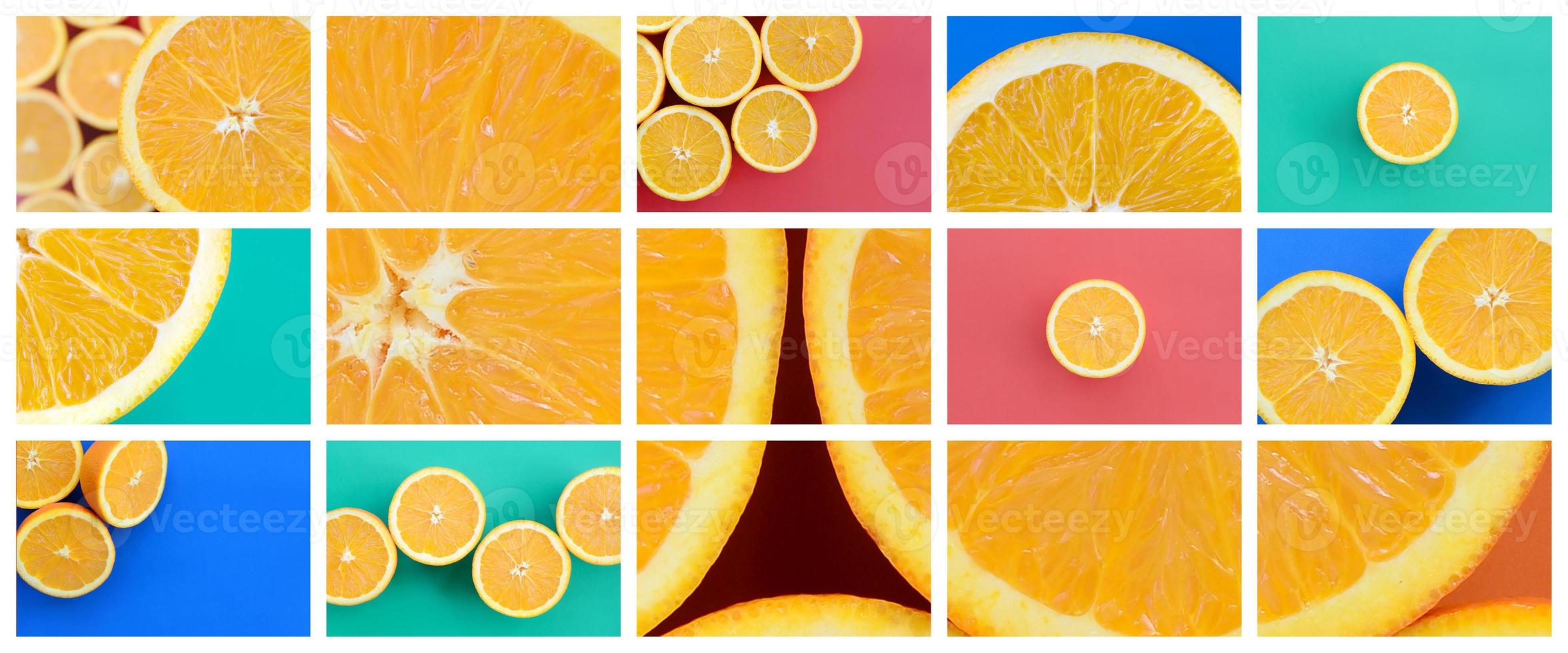 A collage of many pictures with juicy oranges. Set of images with fruits on backgrounds of different colors photo