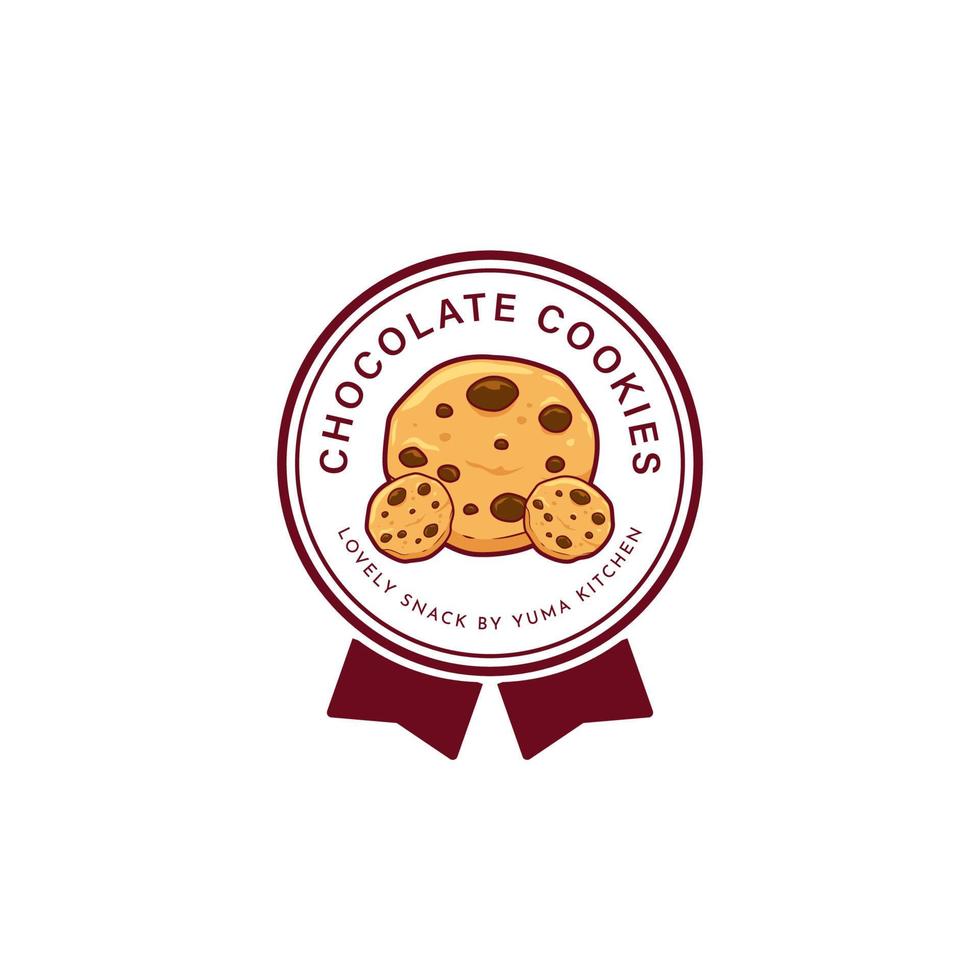 ilustración de icono de logotipo de galletas con chispas de chocolate en cinta de insignia de emblema de círculo vector