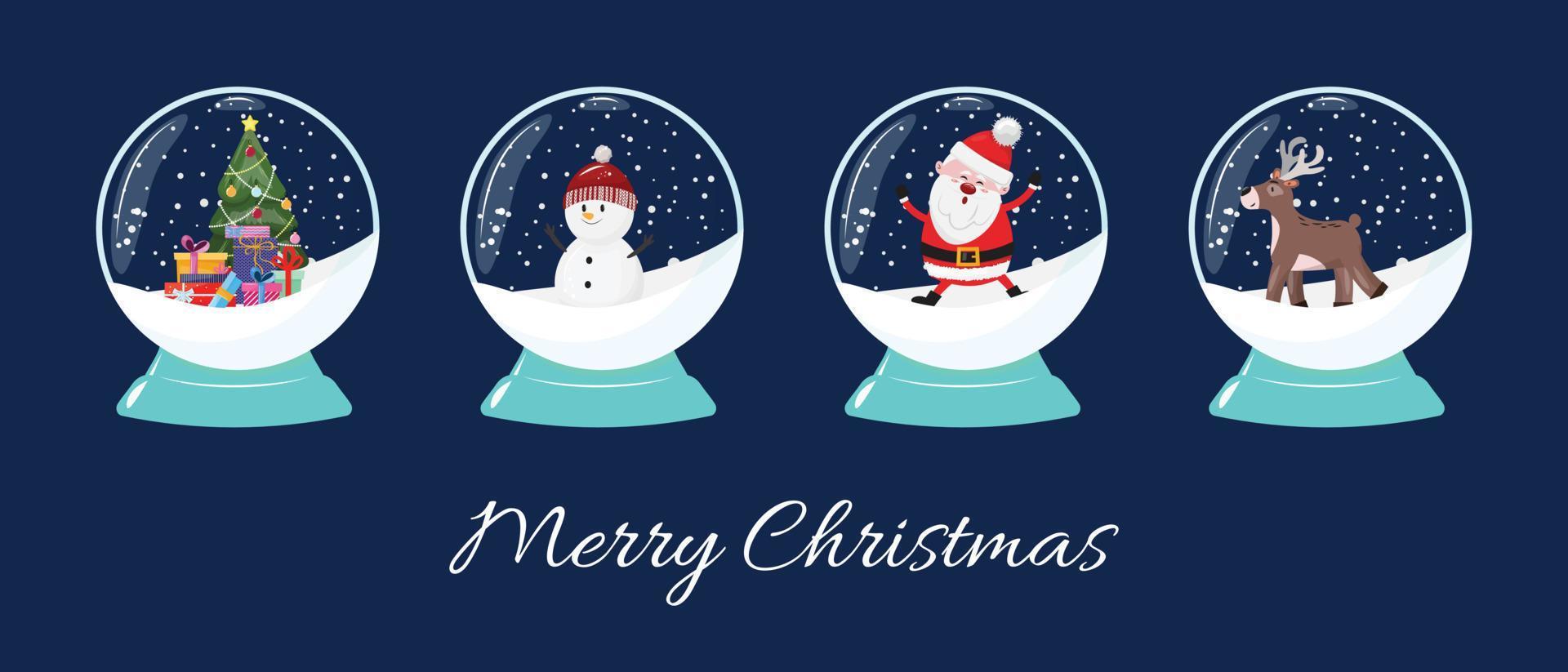 Christmas cartoon illustration of snow globes with snowman, Santa Claus, Christmas tree, reindeer. Seasonal holiday, Christmas illustration. vector