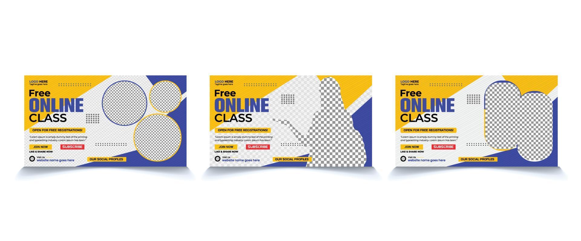 Free online class thumbnails, Open for free registrations,  web page cove banner template Vector design.