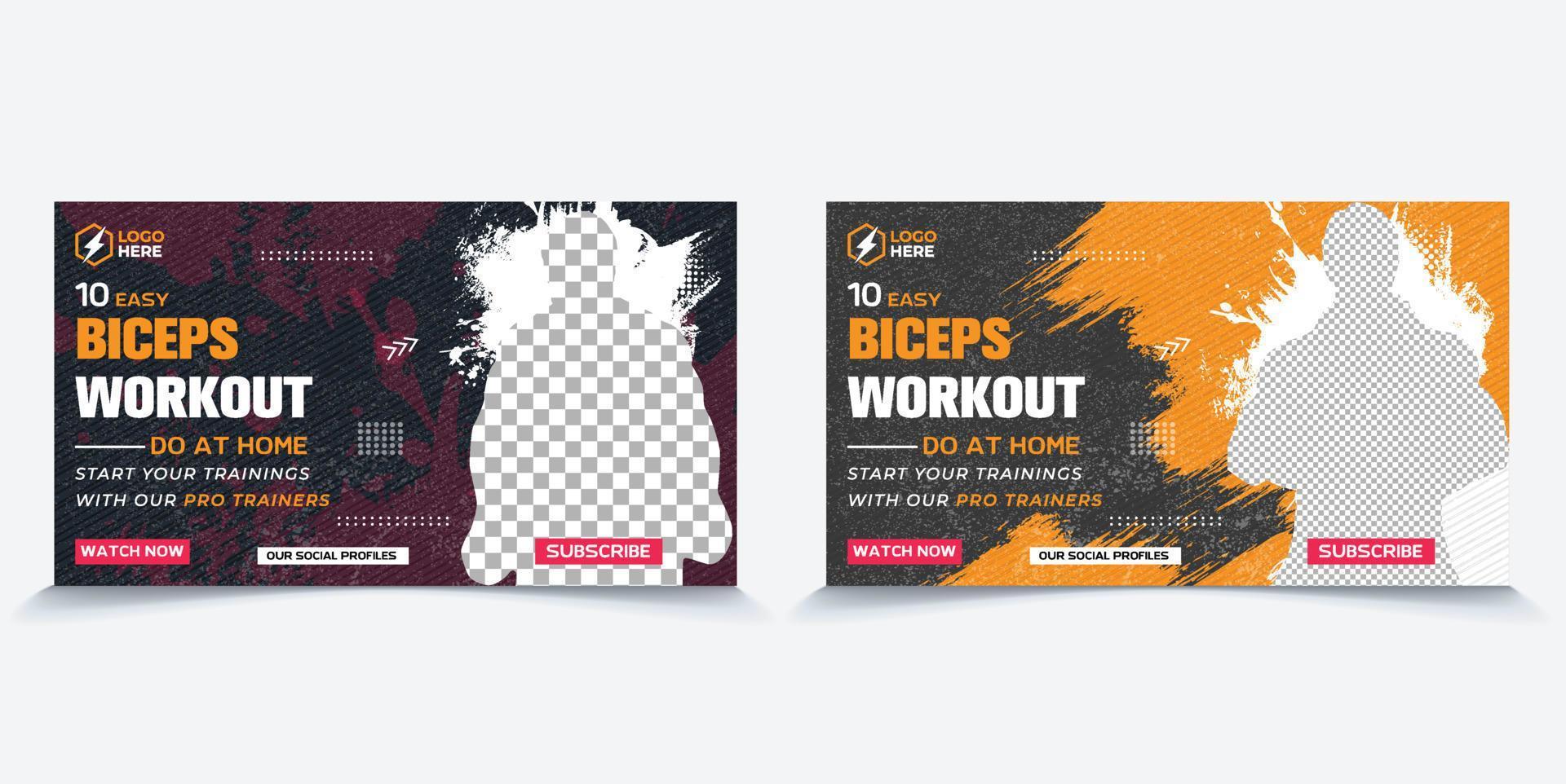 Easy biceps workout tips, gym fitness workout thumbnails, web page cove banner template Vector design.