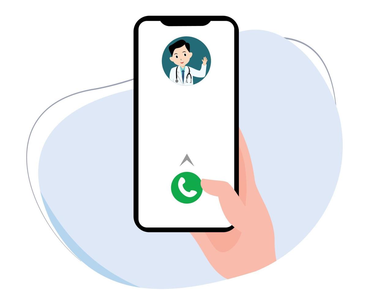 right hand holding cell phone making phone call to doctor online. online doctor consultation. flat design illustration vector