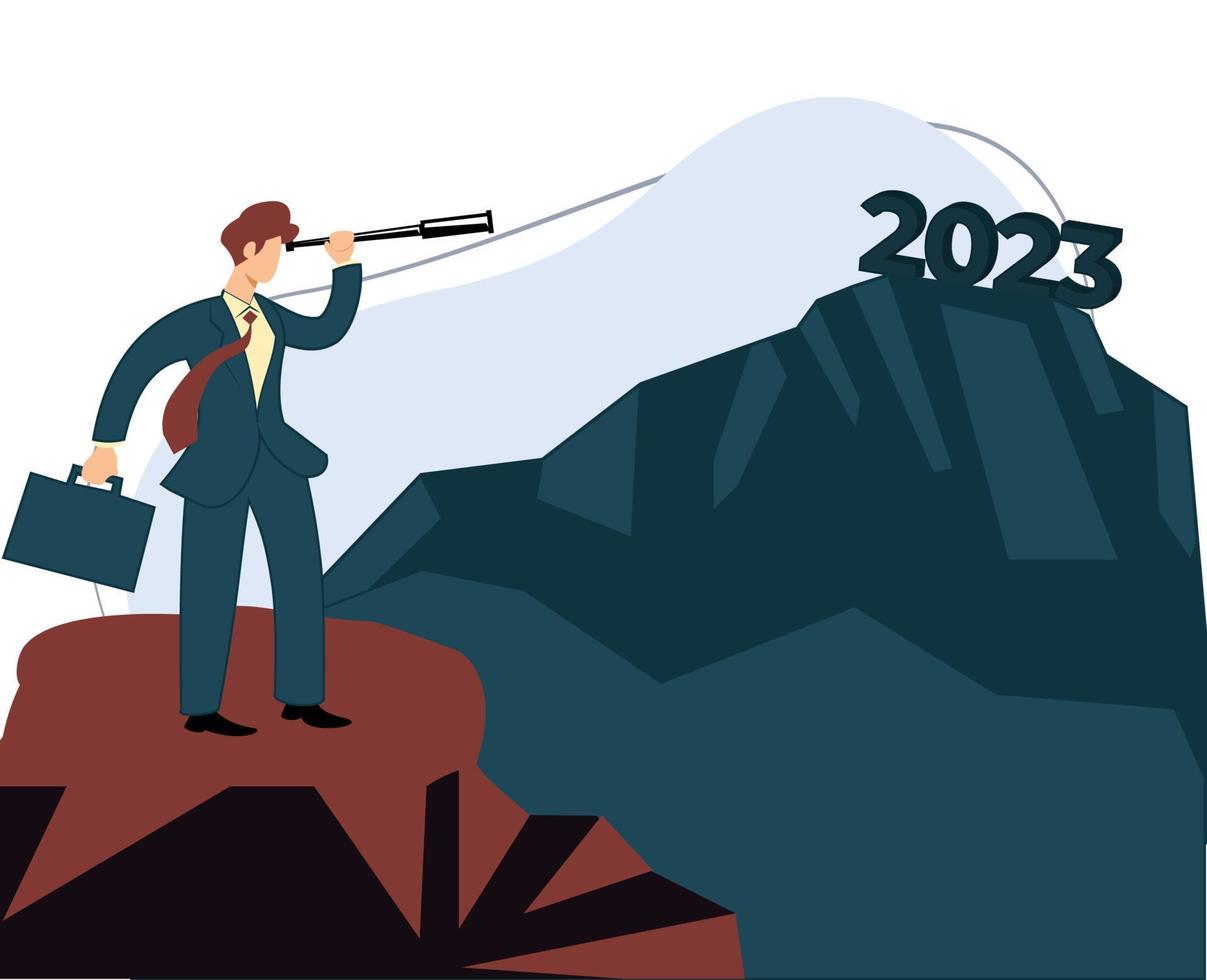 businessman looking through telescope, business prediction 2023, vector illustration, flat design