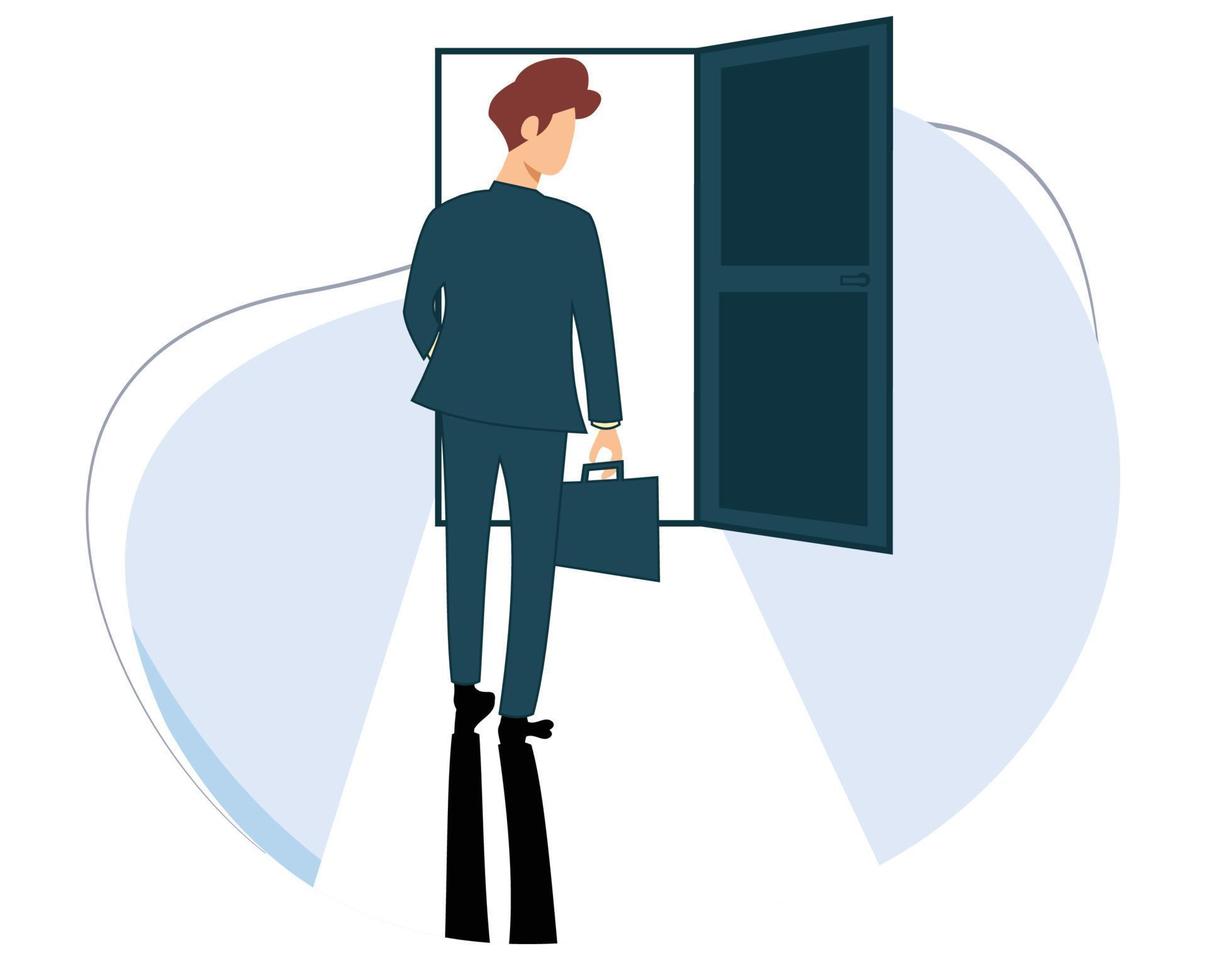 businessman standing in front of open door with bright light. business success concept. creative idea. leadership. startup. illustration cartoon vector