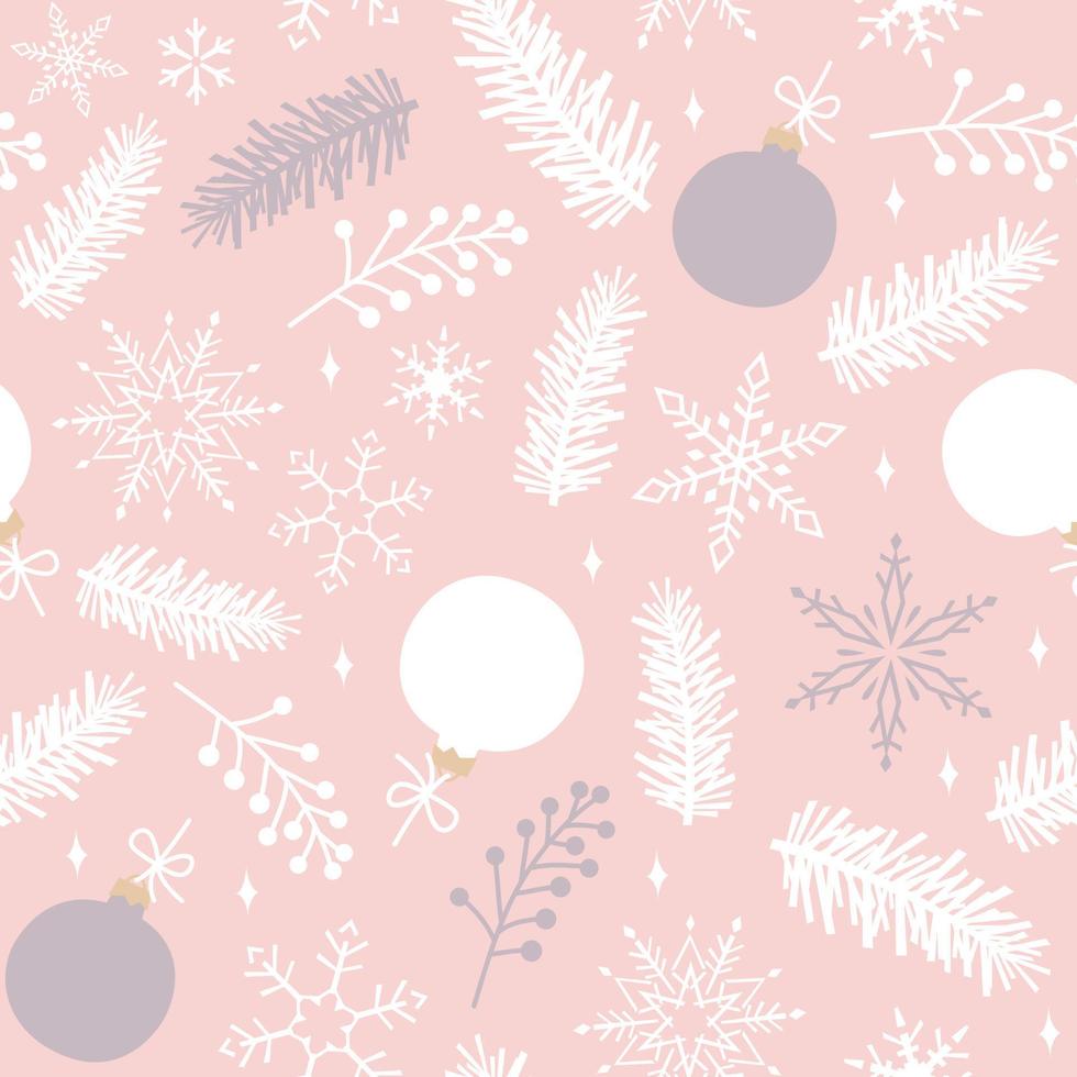 Pink seamless pattern of fir branches, snowflakes and Christmas toys. Christmas vector illustration.