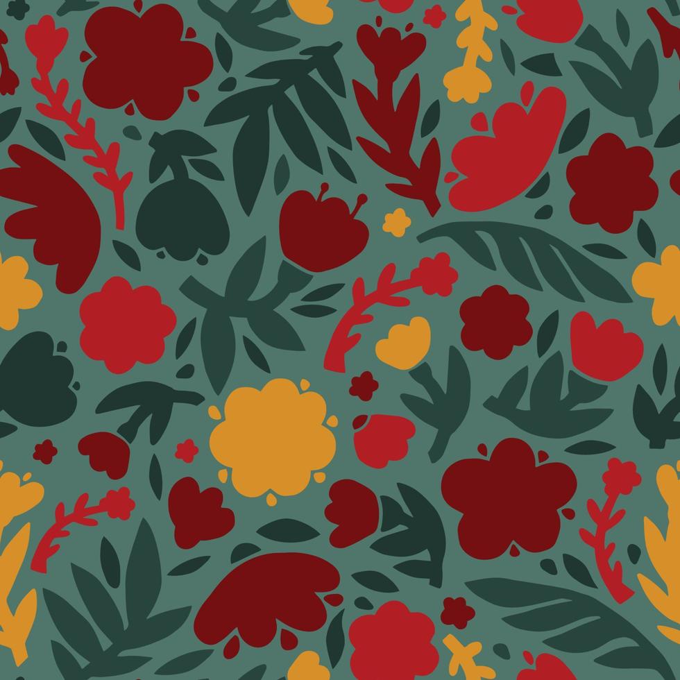 Seamless vector pattern of simplified flowers. Simple red and green illustration. For fabric, wrapping paper, bedding, wallpaper.