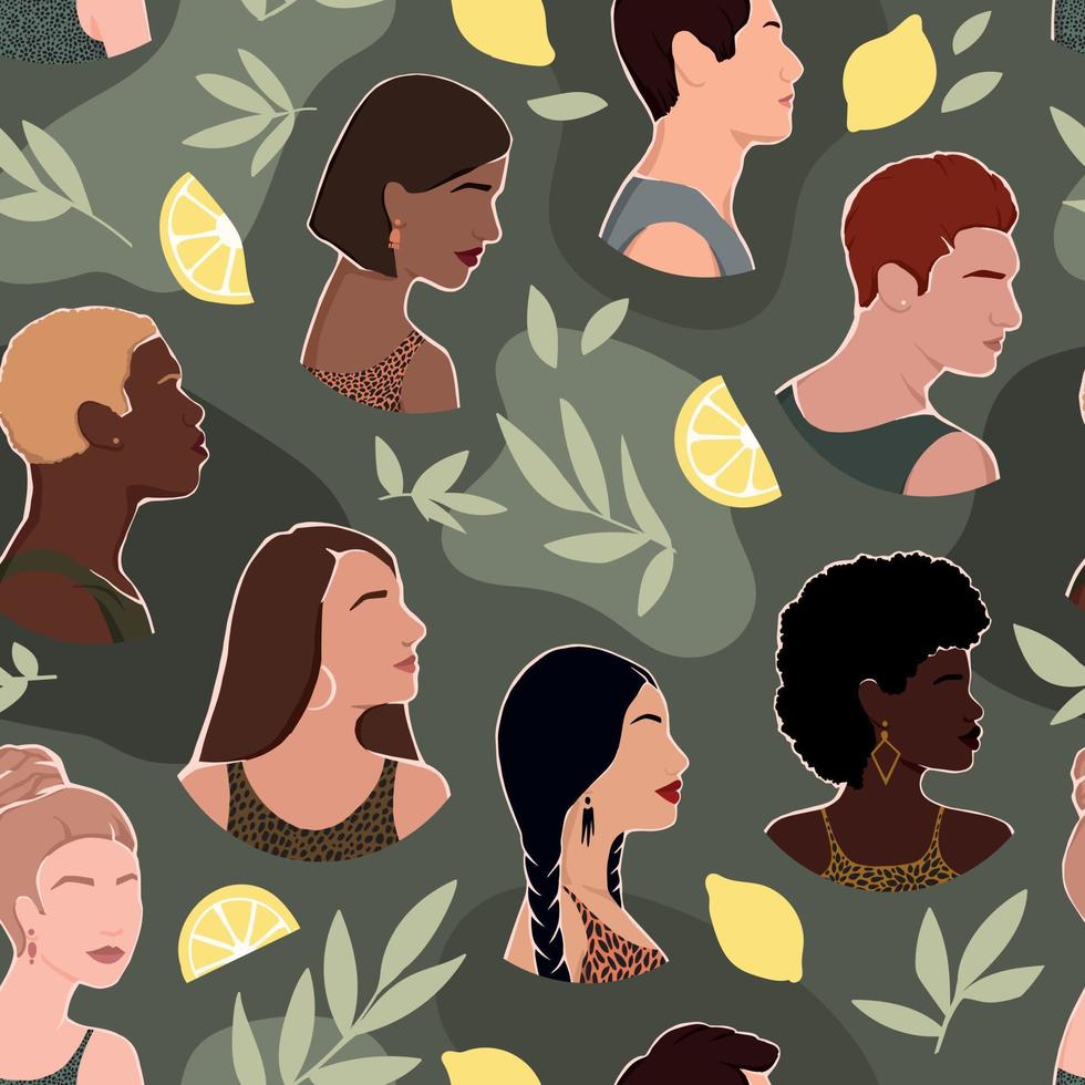 Seamless pattern of diverse people, leaves and lemons on military background. An unusual pattern is suitable for the most interesting ideas. vector