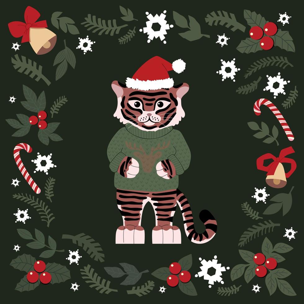 conjunto navideño de elementos lindos dibujados. tigre en un suéter con un ciervo y un sombrero de navidad, copos de nieve, abeto, campanas. año del tigre 2022. para tarjetas de navidad, carteles, imanes. ilustración plana vector