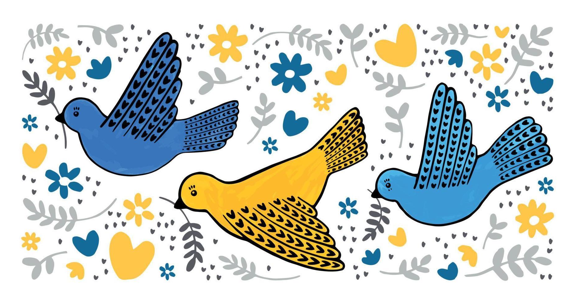 Hand drawn peace doves in blue and yellow colors. Cute illustration for a postcard or poster. vector