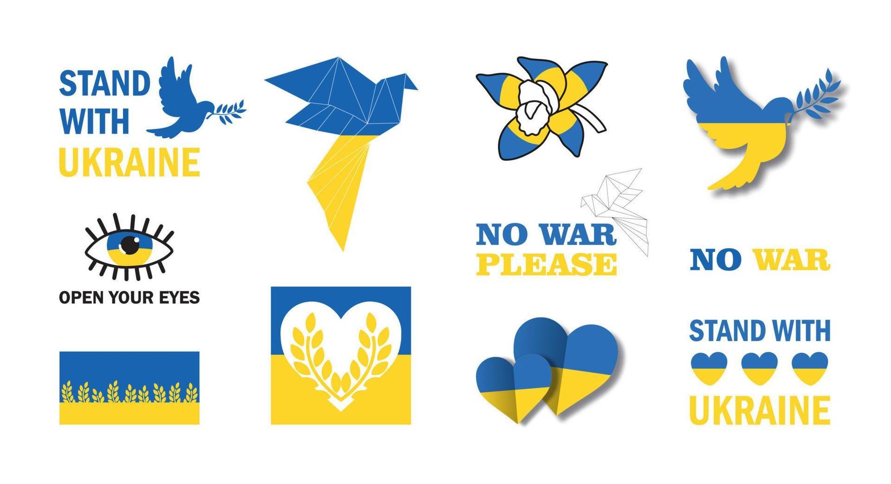 A large set of vector logos and icons with symbols of Ukraine and the call to peace. No war.