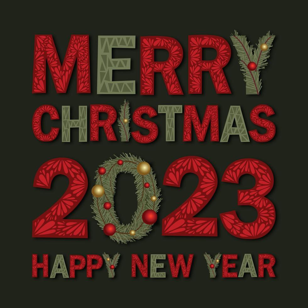 Lettering Merry Christmas and Happy New Year 2023. Simple illustration. vector