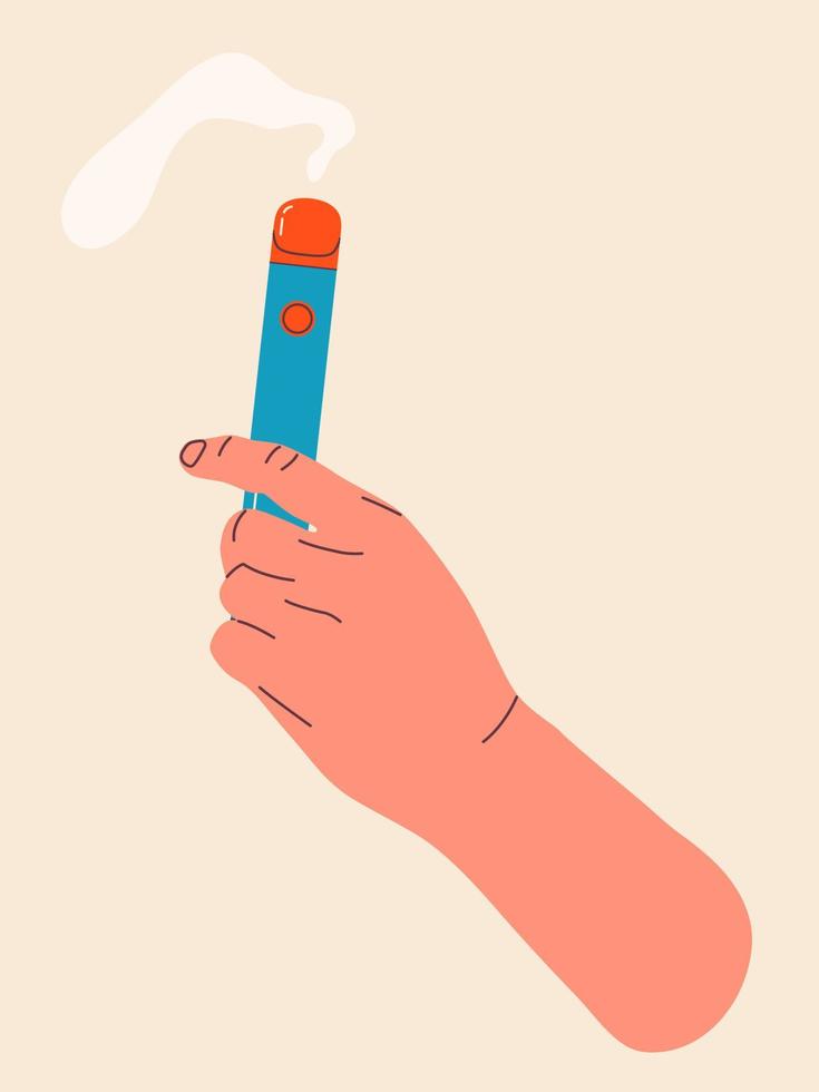 Man's hand holding vape, colorful illustration. Electronic cigarettes and vape concept. Modern vector illustration. Variety of designs vape pens and pod mods. Flat vector design for web.