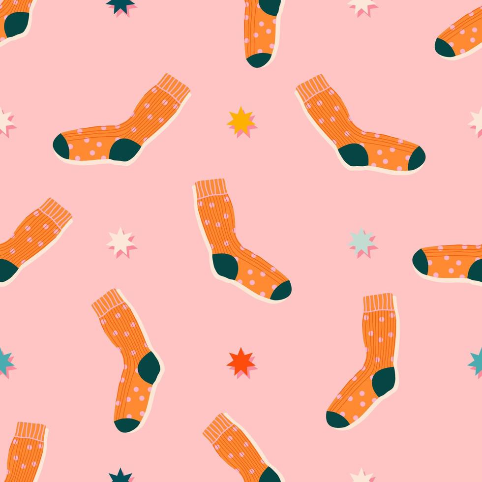 Christmas socks and stars seamless pattern. Hand drawn colorful cartoon socks on a pink background. Trendy flat illustration for print, web, textile, wrapping paper. Modern childish design. vector