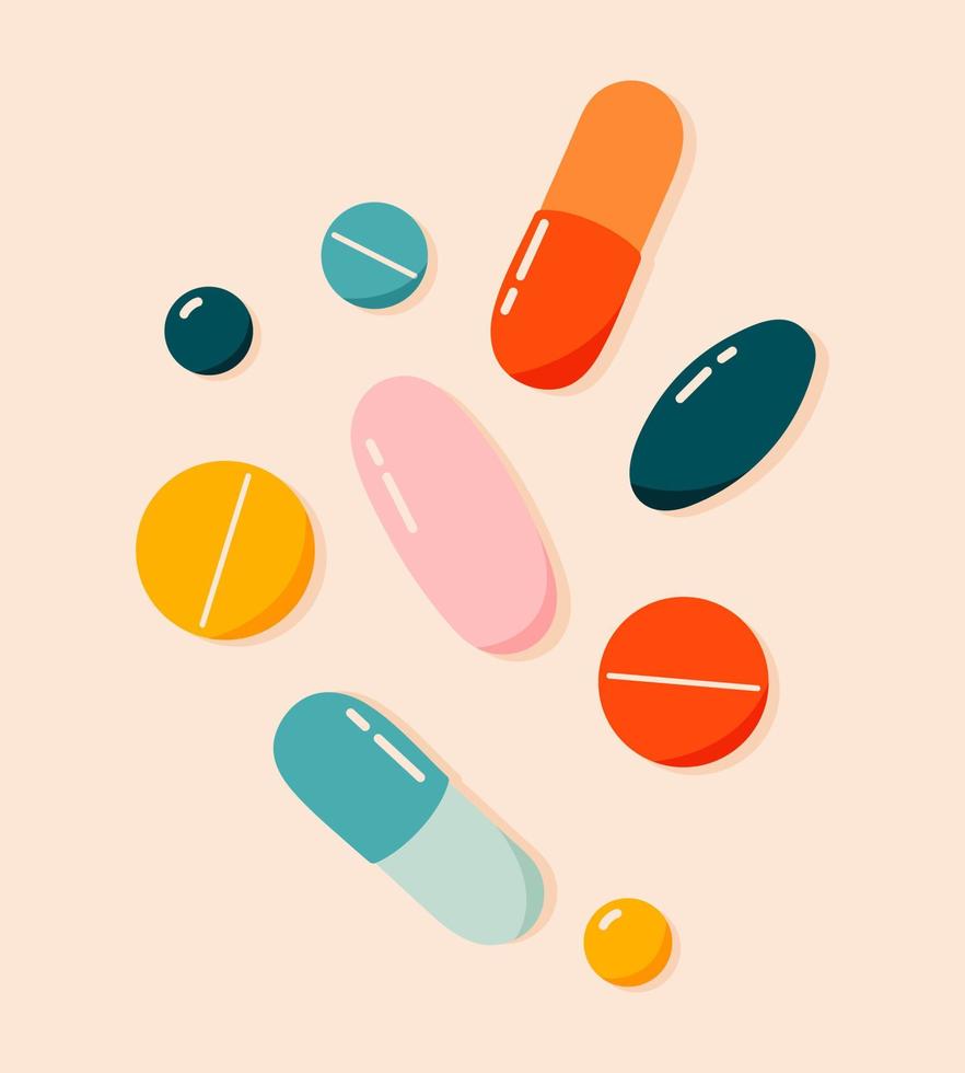 Colorful pills, drugs, vitamins set. Healthcare, coronavirus and medicine concept. Hand-drawn modern vector illustration for web banner, card design.