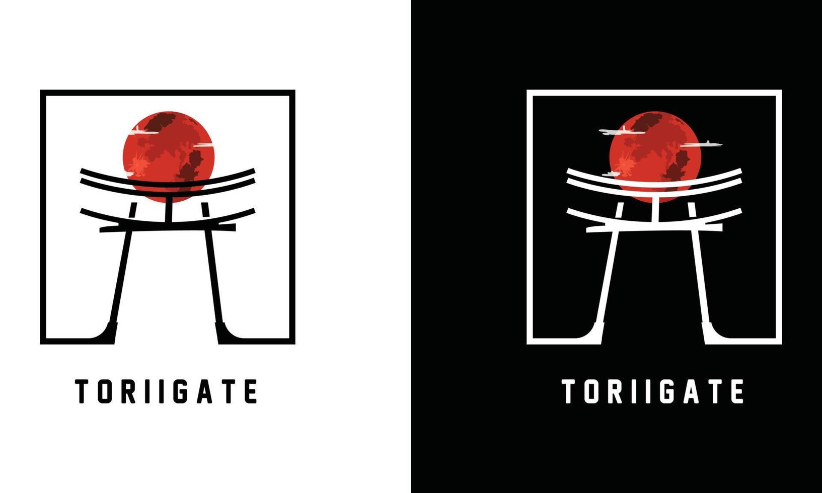 Japanese Torii gate illustration, simple Torii gate sign logo design vector with red moon