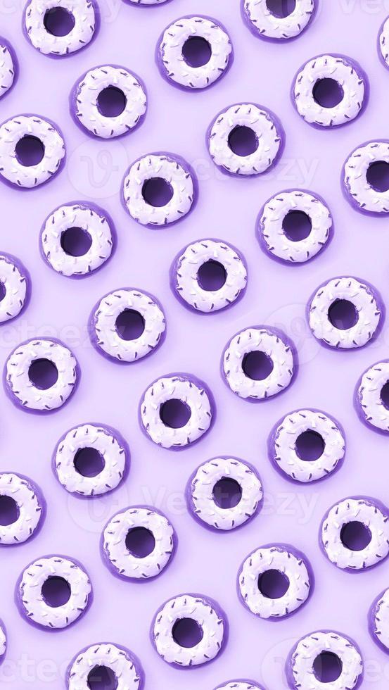 Many small plastic donuts lies on a pastel colorful background. Flat lay minimal pattern. Top view photo