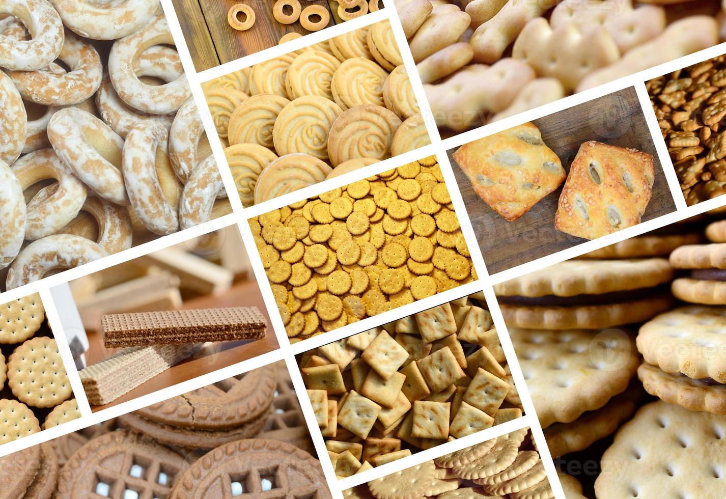 A collage of many pictures with various sweets close-up. A set of images with varieties of biscuits, bagels and candies photo
