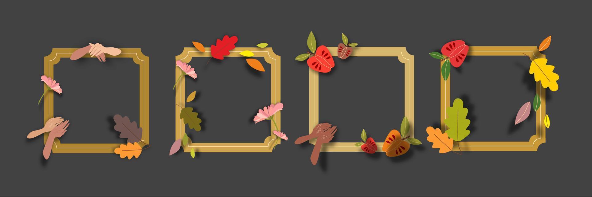 Golden square frames with fruits and foliage. vector