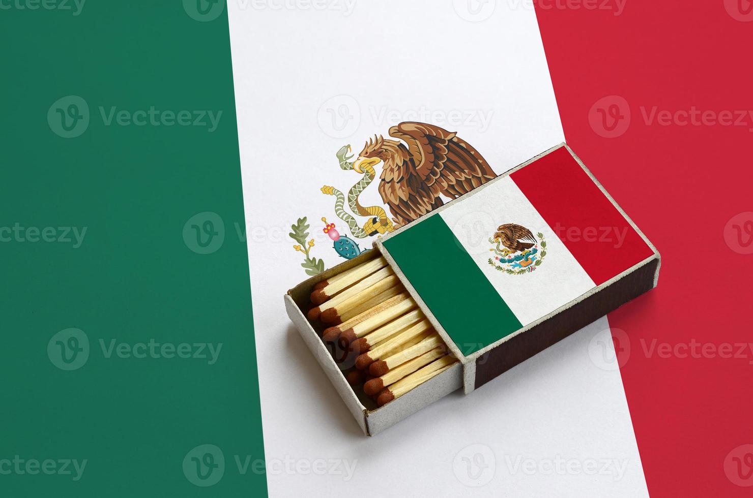 Mexico flag is shown in an open matchbox, which is filled with matches and lies on a large flag photo
