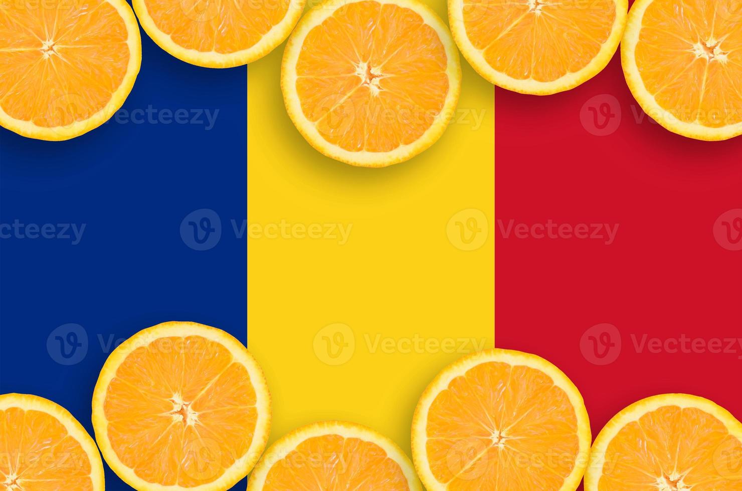 Romania flag in citrus fruit slices horizontal frame photo