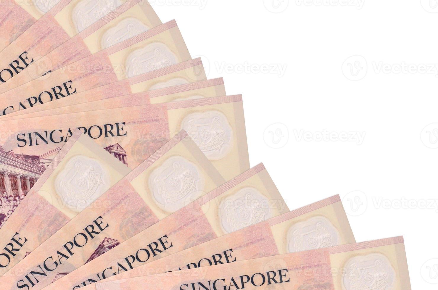 2 Singaporean dollars bills lies isolated on white background with copy space stacked in fan close up photo