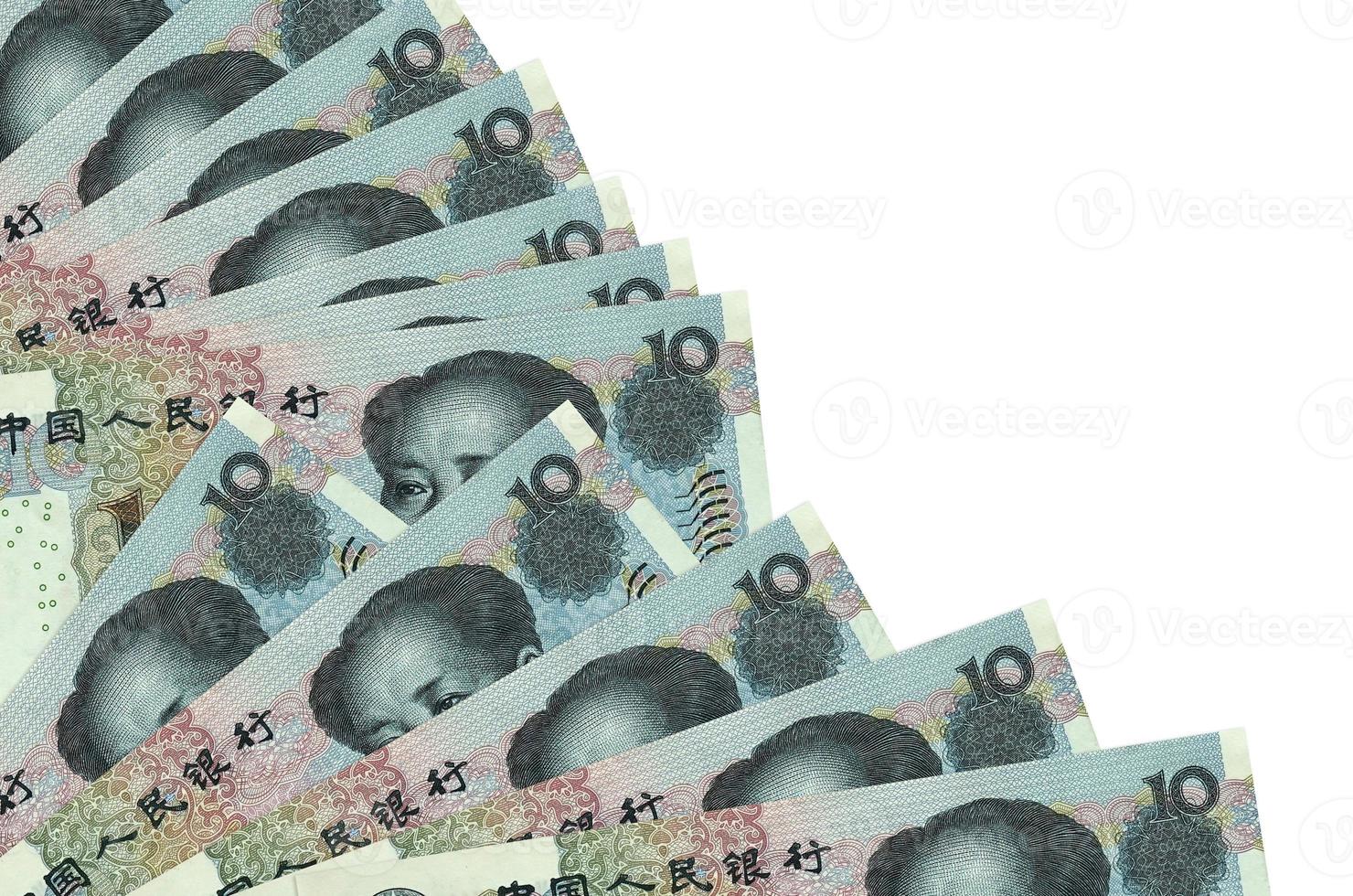 10 Chinese yuan bills lies isolated on white background with copy space stacked in fan close up photo