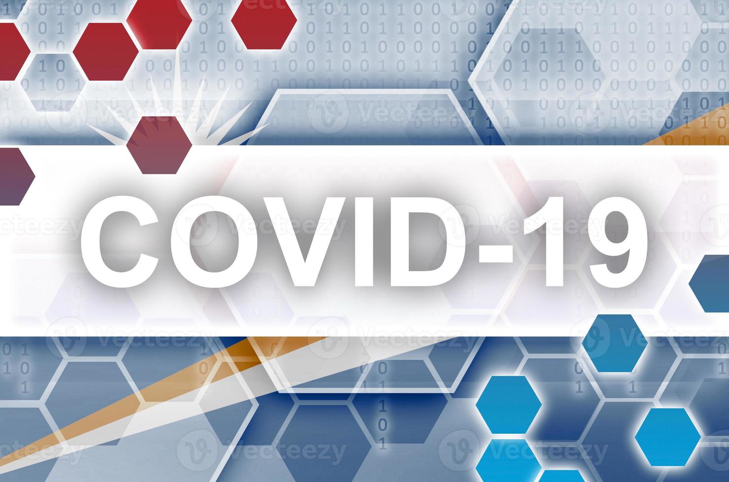 Marshall Islands flag and futuristic digital abstract composition with Covid-19 inscription. Coronavirus outbreak concept photo