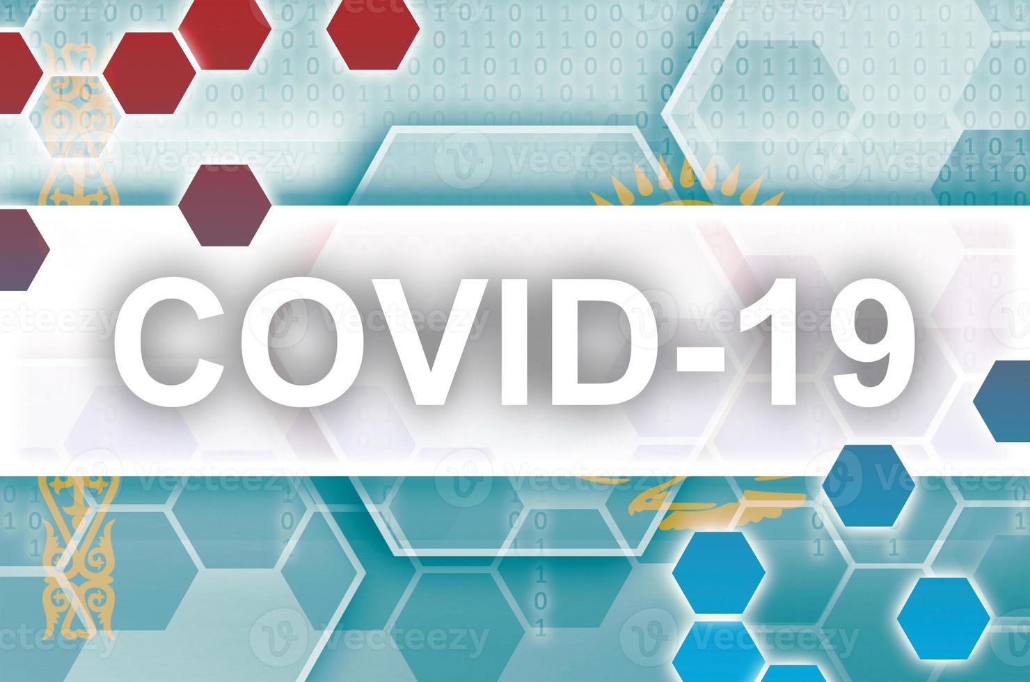 Kazakhstan flag and futuristic digital abstract composition with Covid-19 inscription. Coronavirus outbreak concept photo