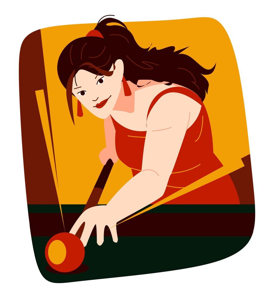 mujer madura jugando al billar. concepto de actividad, hobby, deporte, juego. ilustración vectorial plana vector