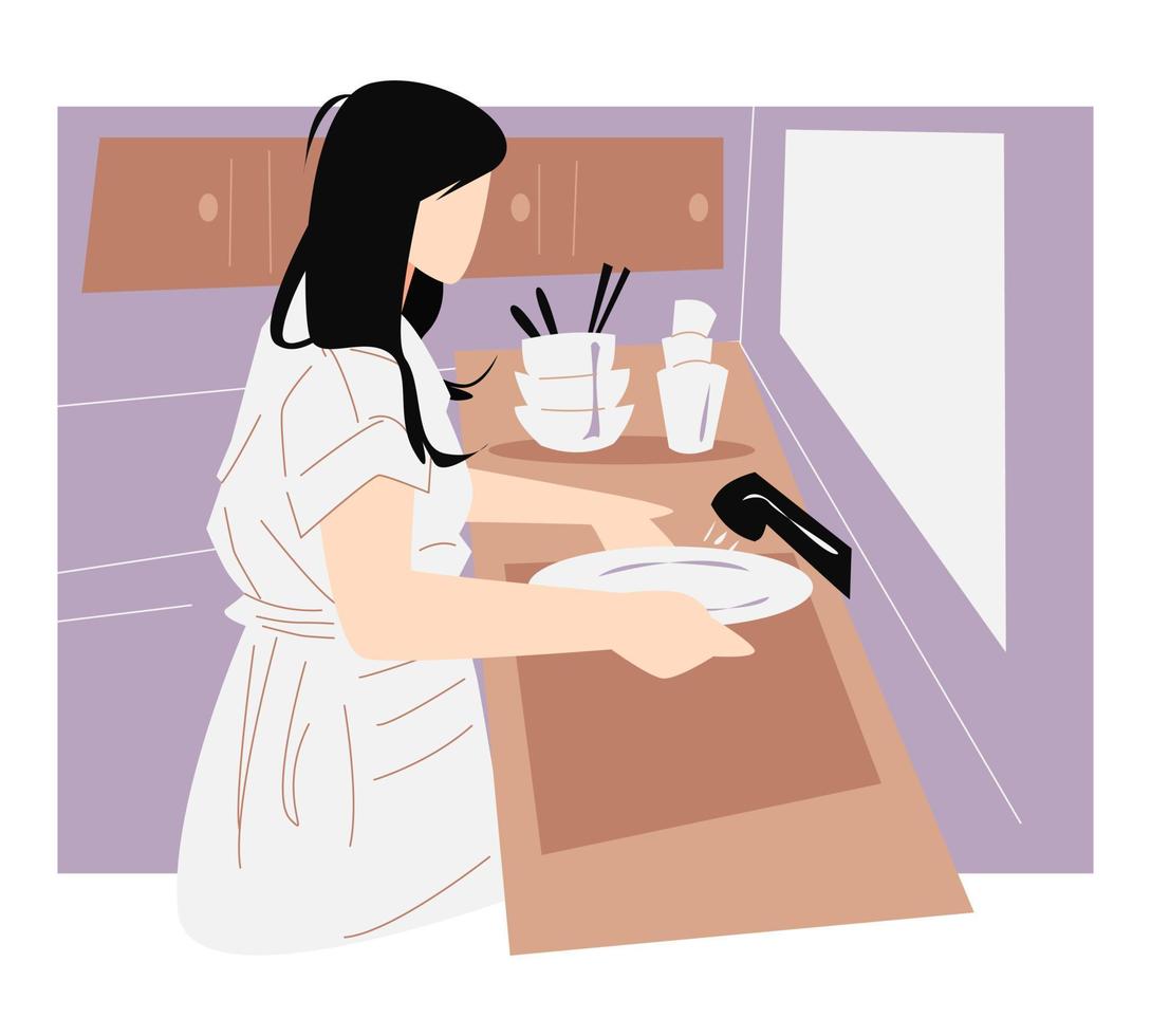 hermosa mujer vista lateral lavando platos. muchos cubiertos. concepto de actividad, madre, limpieza, cocina, etc. ilustración vectorial plana vector