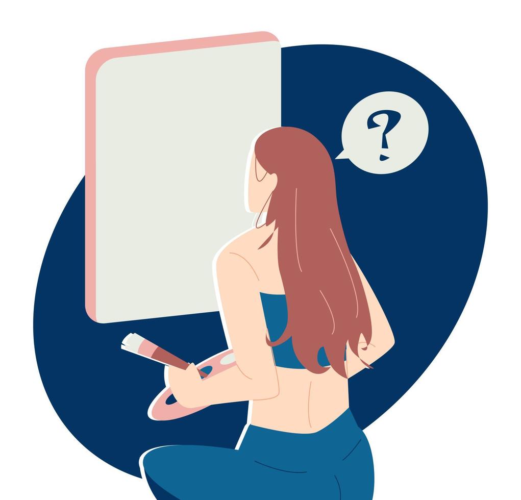 beautiful young girl confused painting. back view. looking for concept, idea, inspiration. blank canvas. holding brush, and palette. concept art, painting, hobby, artist, etc. flat vector illustration