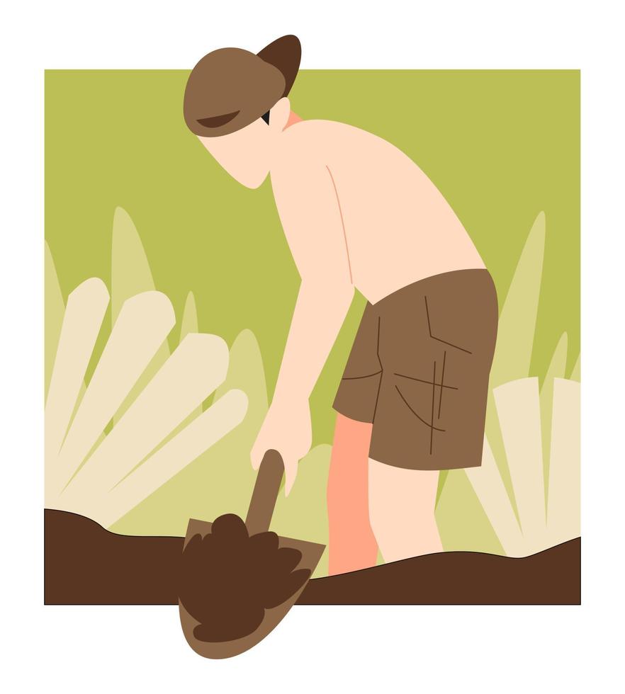 a little boy wearing a hat is hoeing the ground. soil. suitable for gardening themes, planting, activities, etc. flat vector illustration