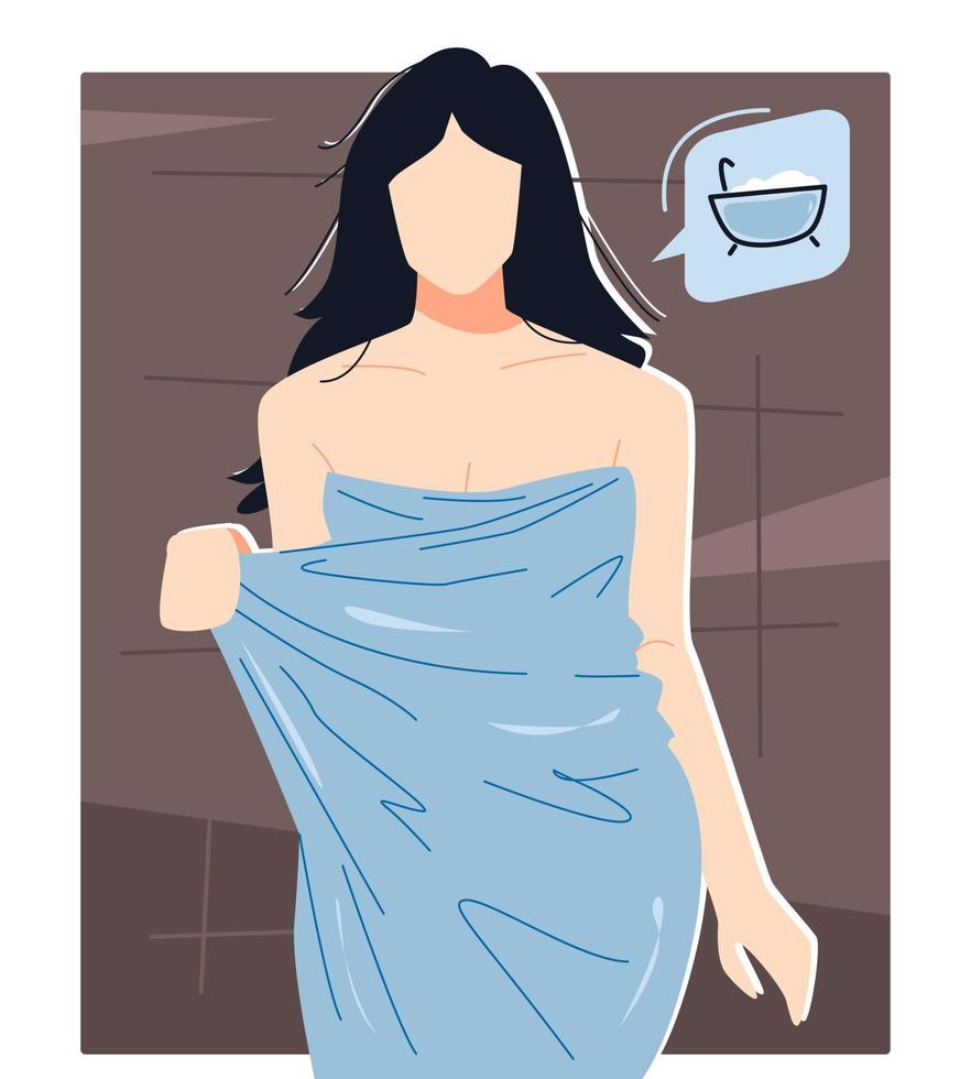 girl in blue towel. bathtub icon. the concept of bathing, hygiene, health, beauty, etc. flat vector illustration