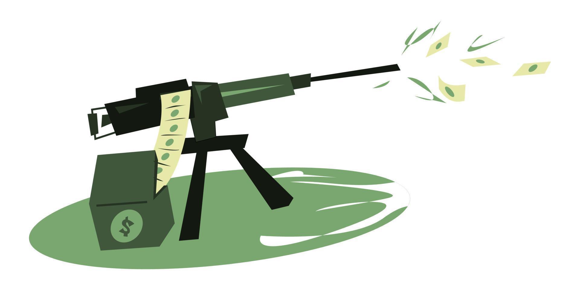 Heavy machine gun shoot with money ammo. bullet money. business concept, success, finance, war, buying and selling weapons, etc. flat vector illustration