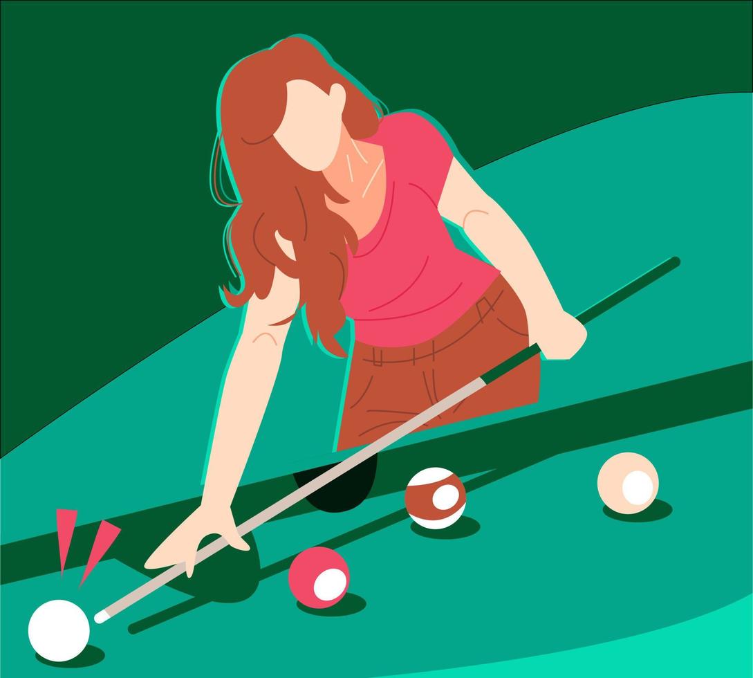 ilustración de una mujer hermosa jugando al billar. fondo verde el concepto de deportes, juegos, pasatiempos, bares, etc. ilustración vectorial plana vector