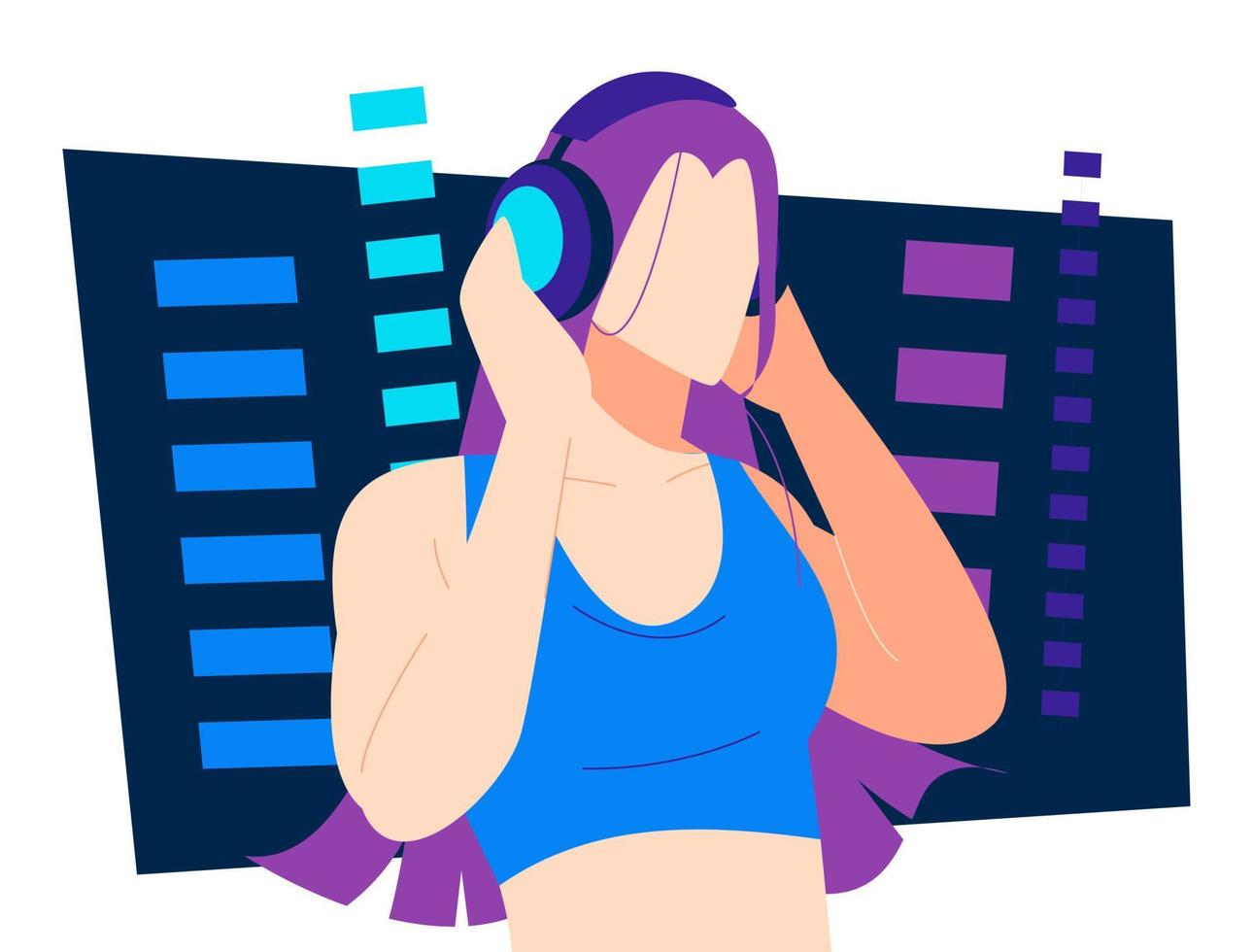 woman listening to music using headphones. graphic equalizer background. suitable for the theme of art music, hobbies, dance, beat, dj, club, etc. flat vector illustration
