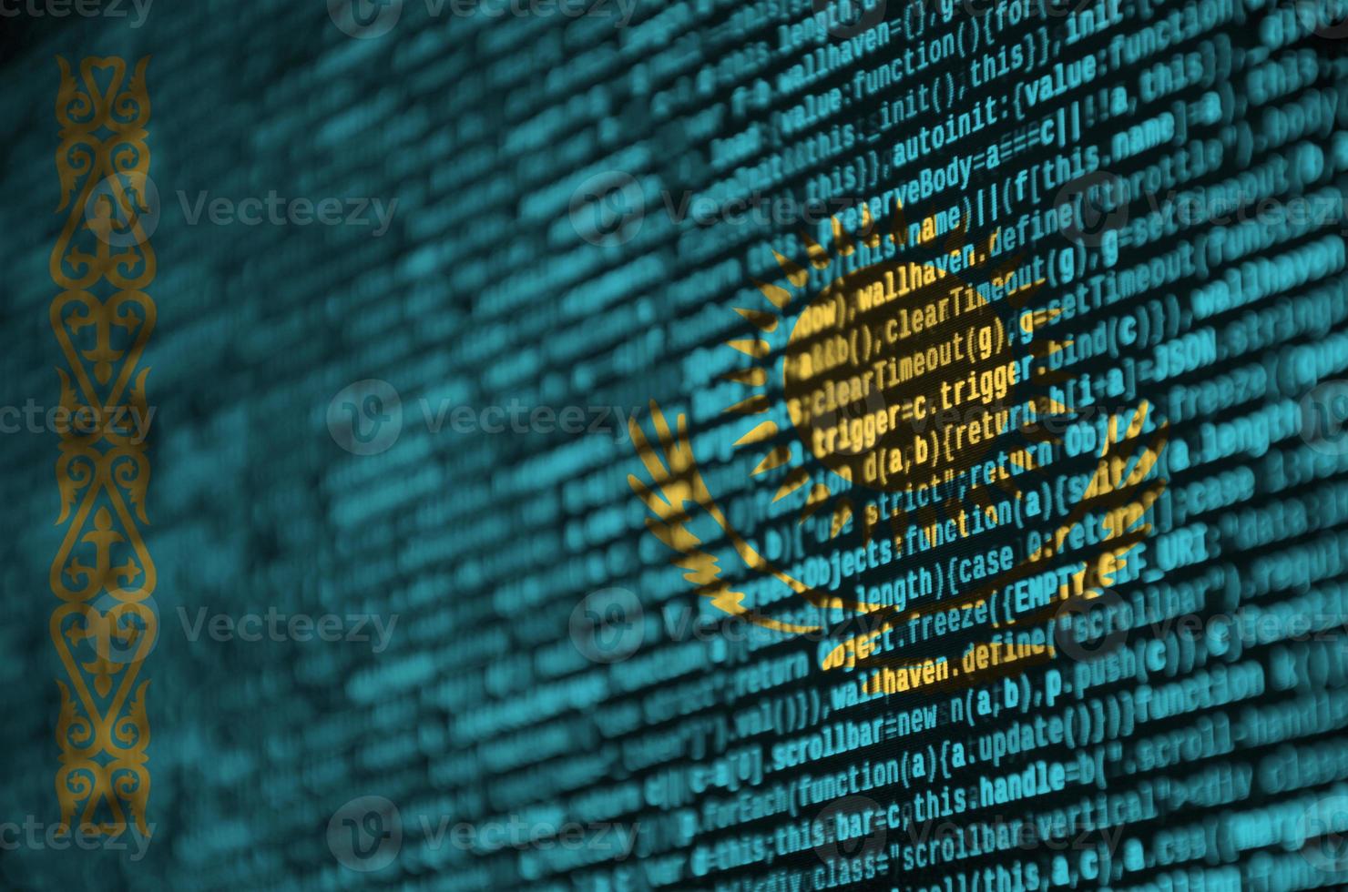 Kazakhstan flag is depicted on the screen with the program code. The concept of modern technology and site development photo