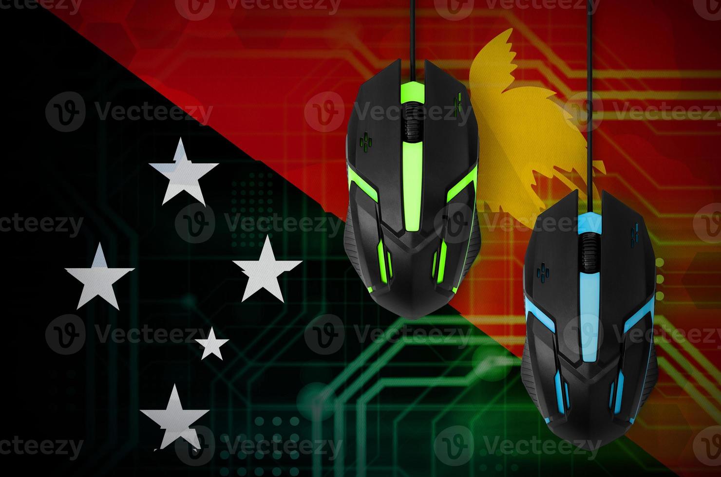 Papua New Guinea flag and two mice with backlight. Online cooperative