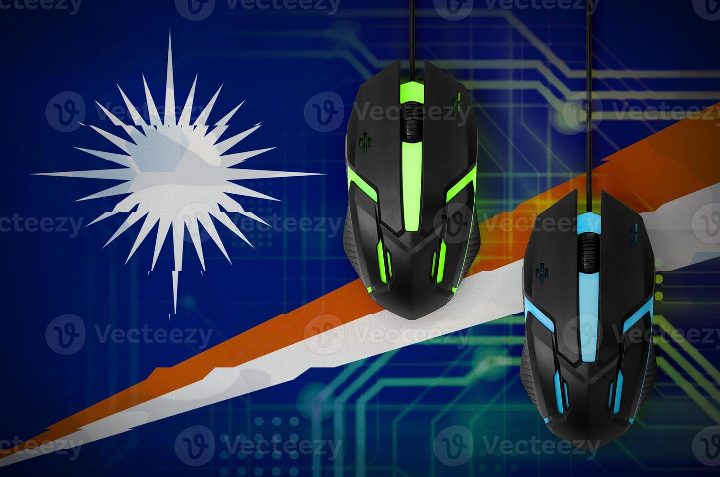 Marshall Islands flag and two mice with backlight. Online cooperative games. Cyber sport team photo