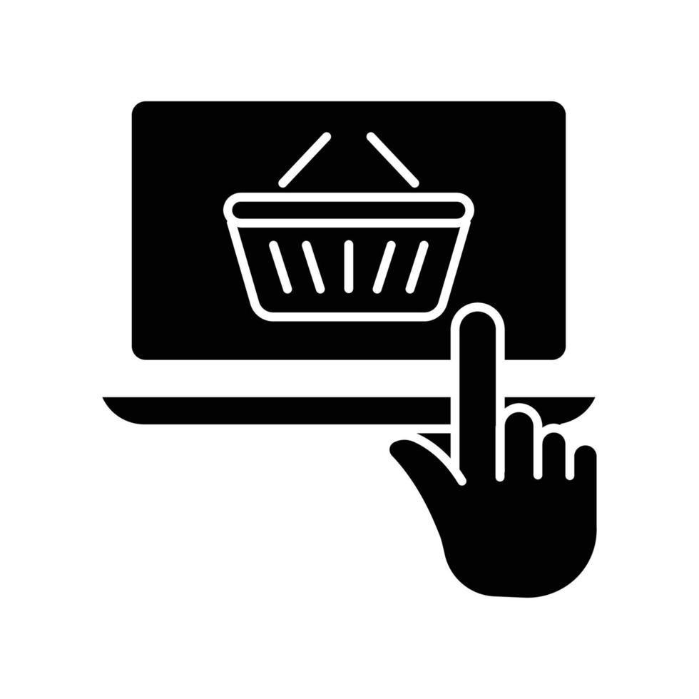 Online shop glyph icon. Contains hand touch with laptop and shopping cart. icon illustration related to e commerce shop. Simple vector design editable. Pixel perfect at 32 x 32