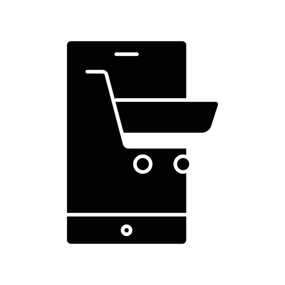 Online shop glyph icon. Contains mobile phone with trolley. icon illustration related to e commerce shop. Simple vector design editable. Pixel perfect at 32 x 32