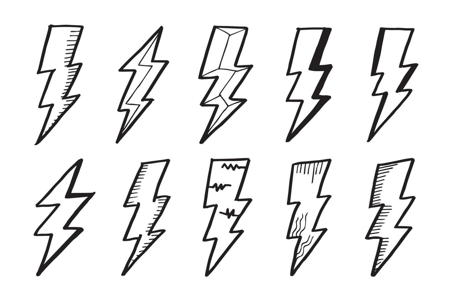 conjunto de ilustraciones de esbozo de símbolo de relámpago eléctrico de garabato vectorial dibujado a mano. trueno, ilustración vectorial vector