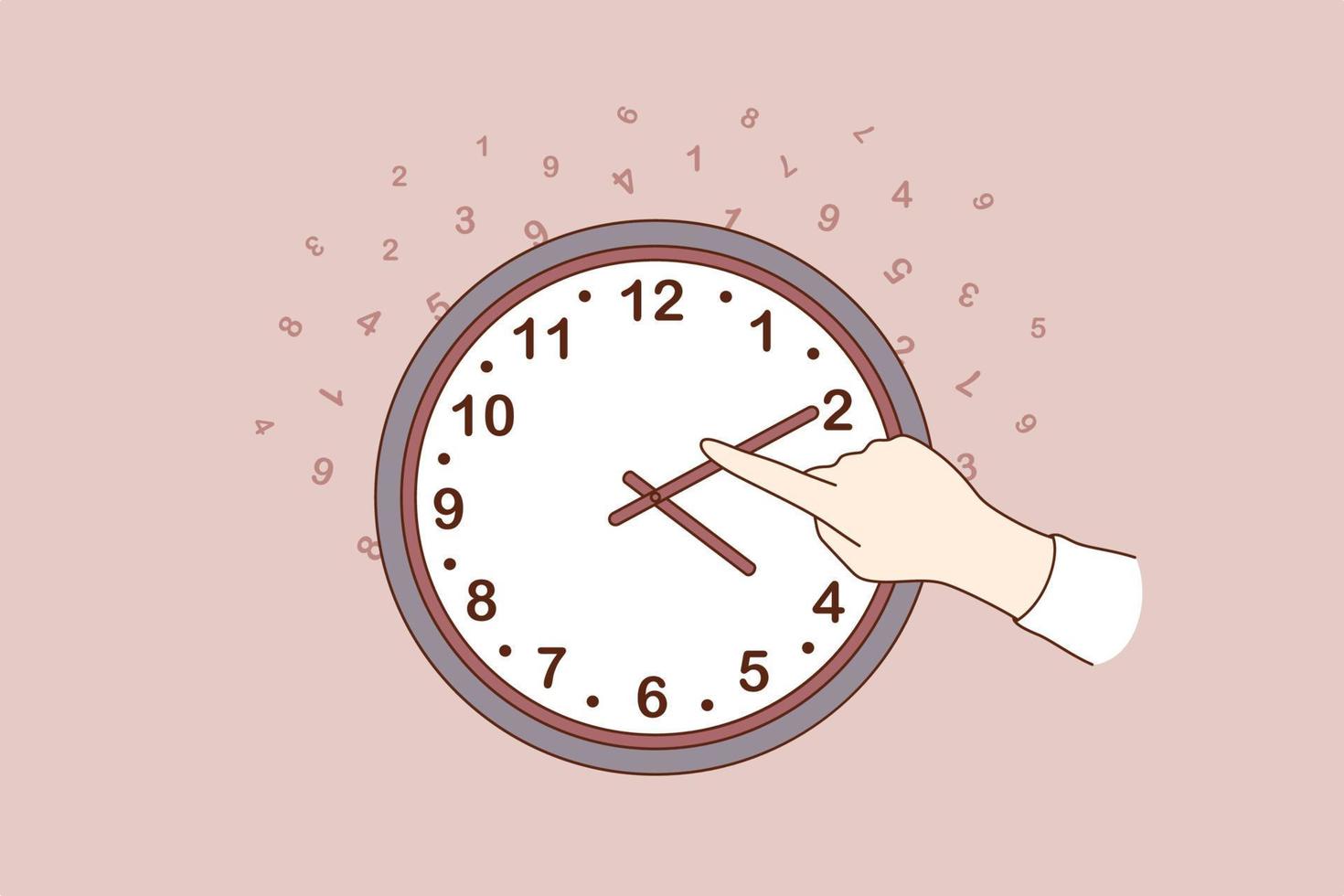 cambiando el concepto de tiempo. mano humana cambiando el tiempo en un gran reloj de pared sobre fondo marrón oscuro ilustración vectorial vector