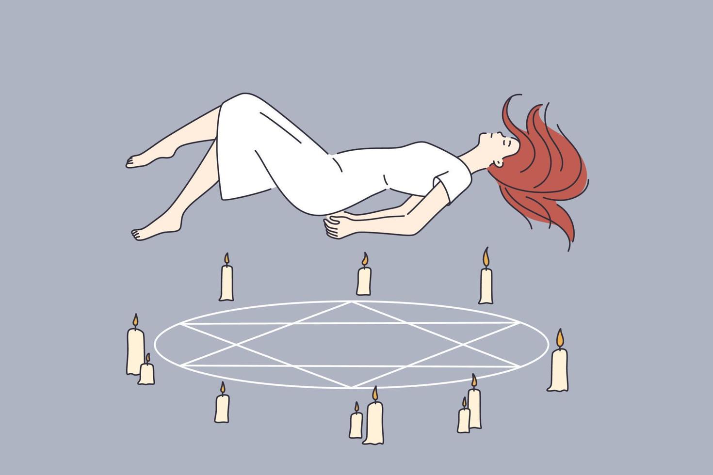 Occult rituals and spirituality concept. Sleeping young Woman in white dress cartoon character flying over pentagram circle with candles vector illustration