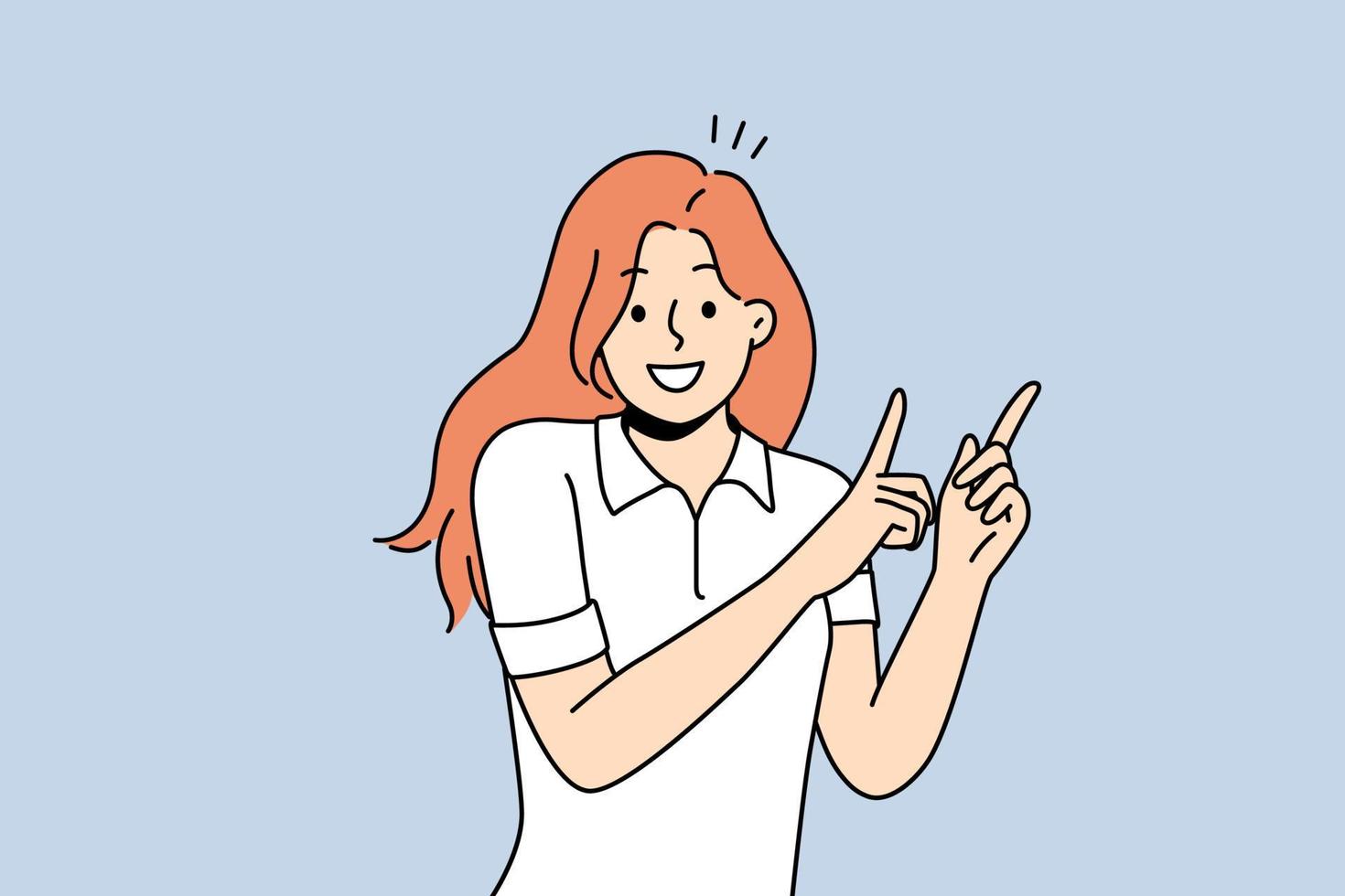 Smiling young woman point up at good deal or offer. Happy girl show with fingers up recommend good sale or discount. Copy space. Vector illustration.