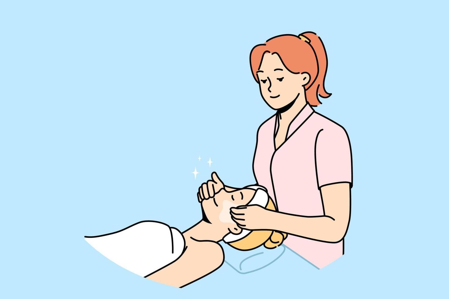 la esteticista hace un masaje facial a una clienta en un salón de belleza. la cosmetóloga hace máscaras o procedimientos faciales a una mujer paciente en el spa. rutina de cuidado de la piel. ilustración vectorial vector