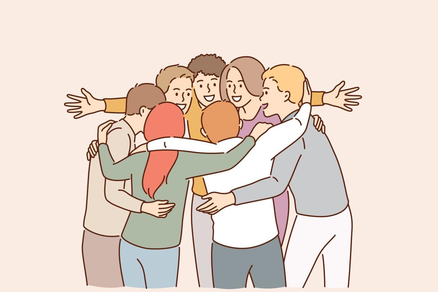 Team, leadership, win concept. Group of young smiling people business partners workers colleagues clerks hugging celebrating business success together in office vector illustration