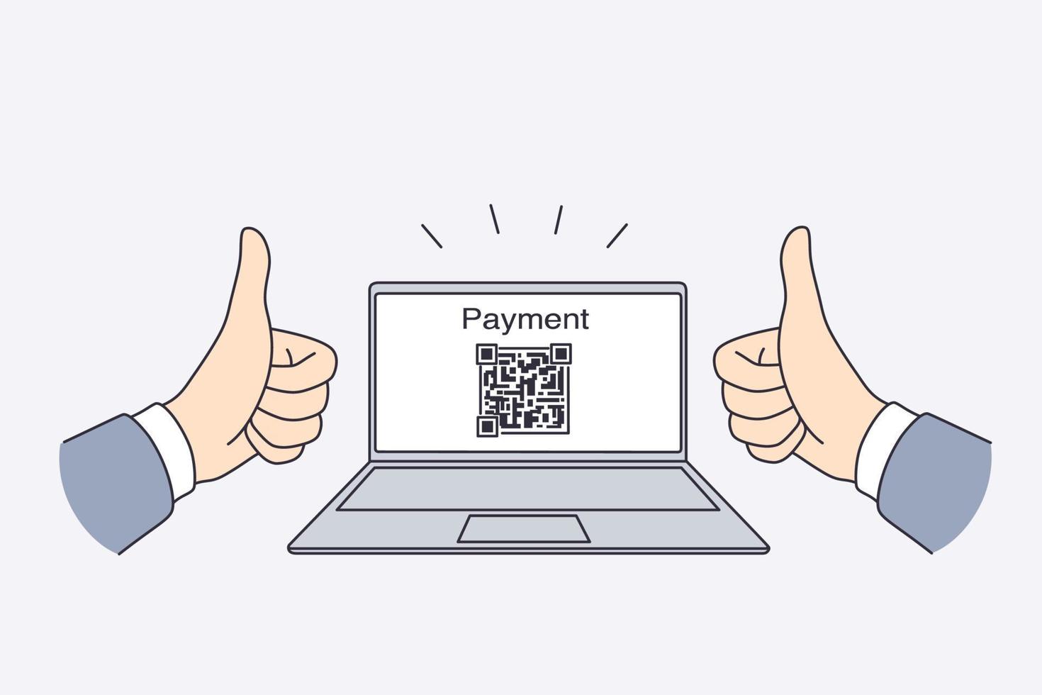 Electronic payment with qr code concept. Hands of man showing thumbs up sign with electronic payment and qr code for transaction on laptop screen vector illustration