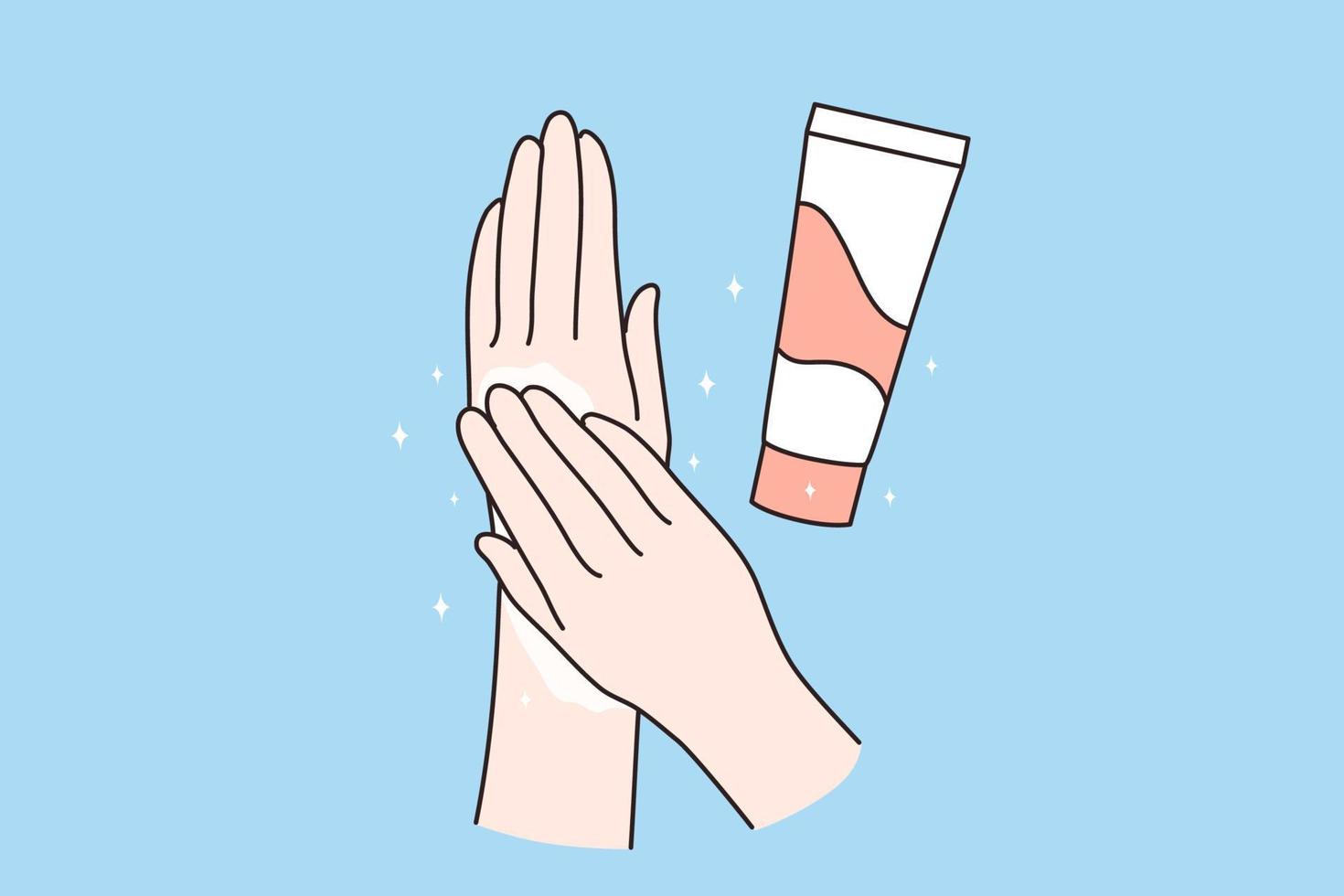 Skincare, hand cream concept. Human hands applying moisturizing hand cream for skincare treatment over blue background vector illustration